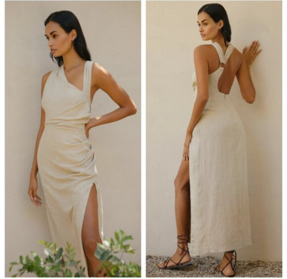 NWT By Anthropologie Asymmetric Linen Maxi Dress Womens XL Coastal Boho Summer
